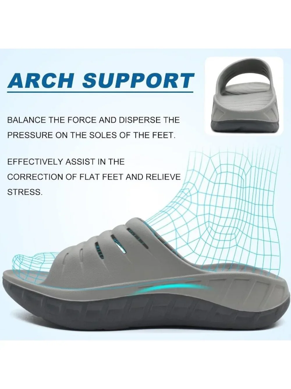 Men's Grey Recovery Orthotic Arch Support Open Toe Sport Slides Slipper Shoes
